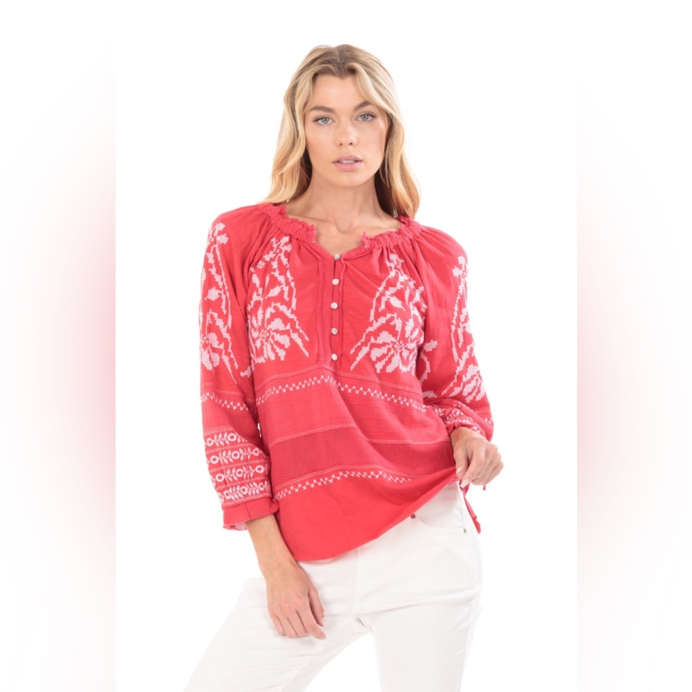 AP.NY Embroidered Mix Media Peasant Top in Geranium Size Large